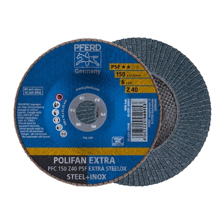 Pferd 6" x 7/8" A.H. POLIFAN Flap Disc - Z PSF EXTRA STEELOX, Zirconia, 40 Grit, Conical 60640